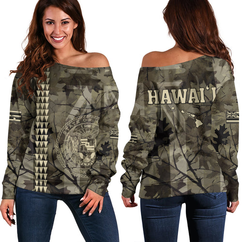 Hawaii Off Shoulder Sweatshirt Tribal Kakau Camouflage Green