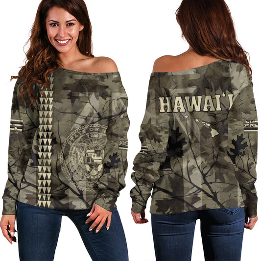Hawaii Off Shoulder Sweatshirt Tribal Kakau Camouflage Green