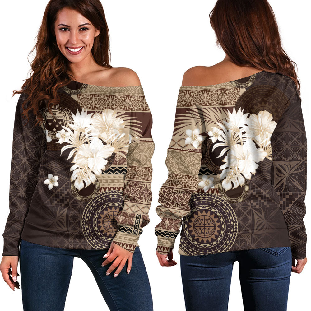 Samoa Off Shoulder Sweatshirt Siapo Motif Print Fabric