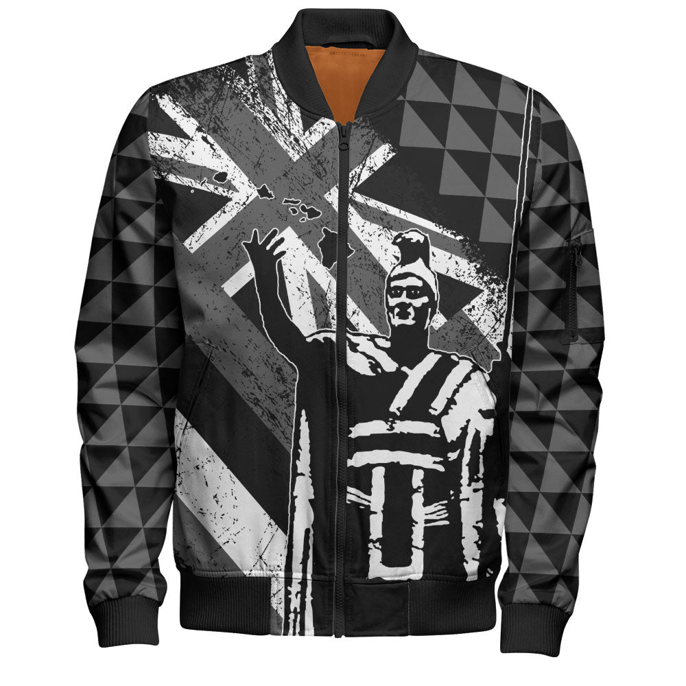 Hawaii Bomber Jacket King Kamehameha Flag Tribal Pride Black White