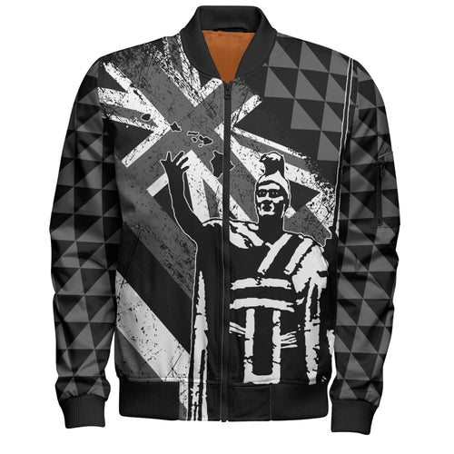 Hawaii Bomber Jacket King Kamehameha Flag Tribal Pride Black White