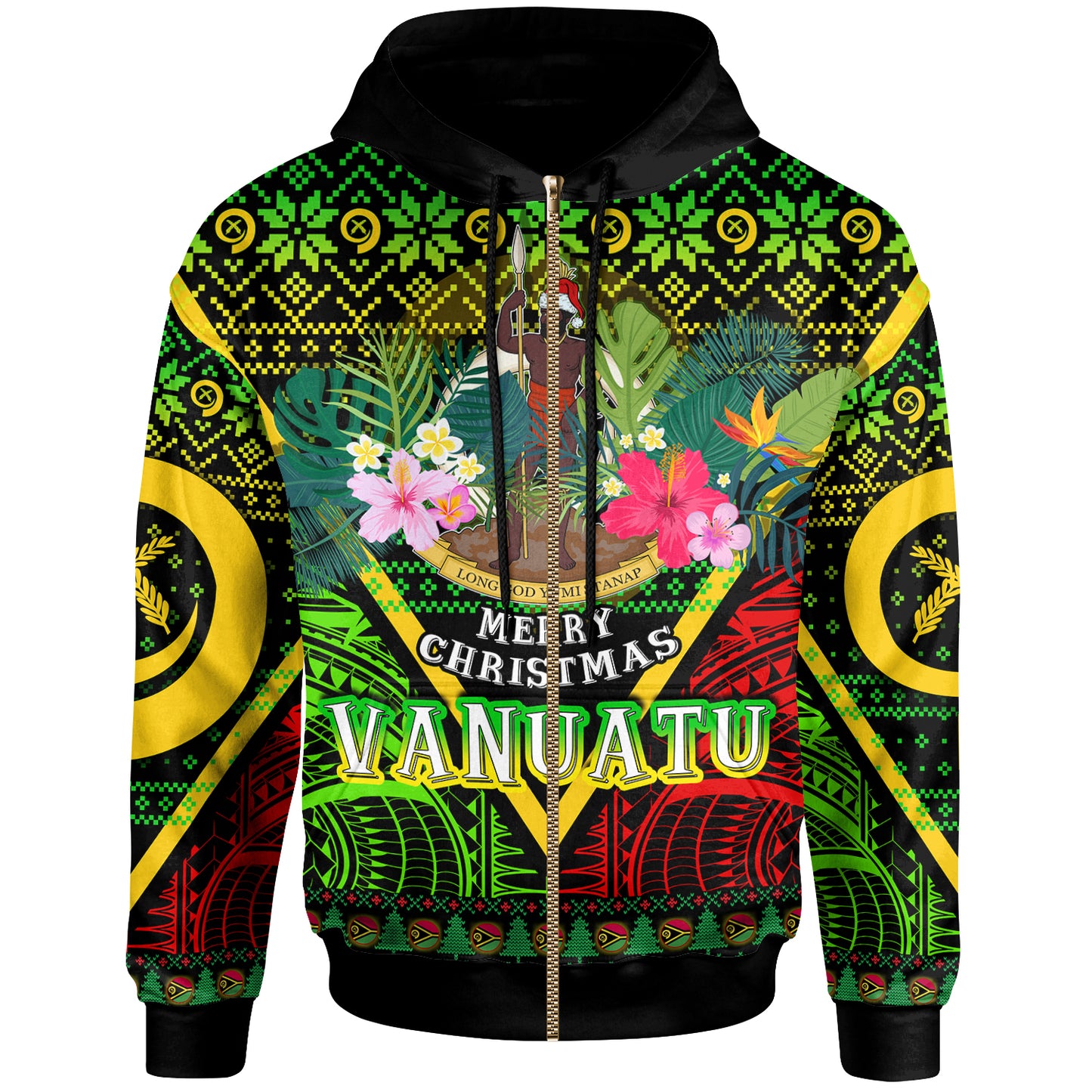 Vanuatu Polynesian Christmas Hoodie - Custom Vanuatu Coat of Arms Christmas Hat Polynesian Patterns Hoodie