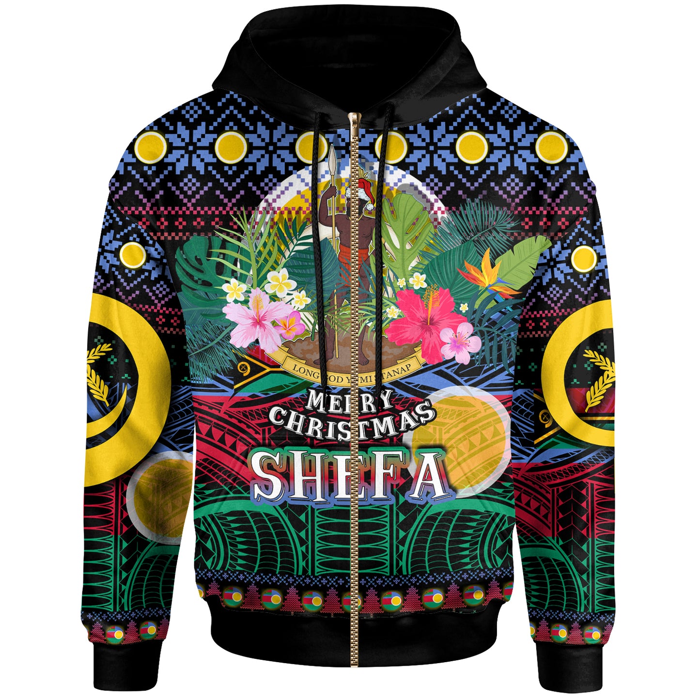 Shefa Polynesian Christmas Hoodie - Custom Shefa Vanuatu Coat of Arms Christmas Hat Polynesian Patterns Hoodie