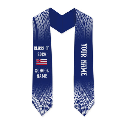Hawaii Graduation Stole Custom 2026 Polynesian Tribal Blue Hawaiian Flag