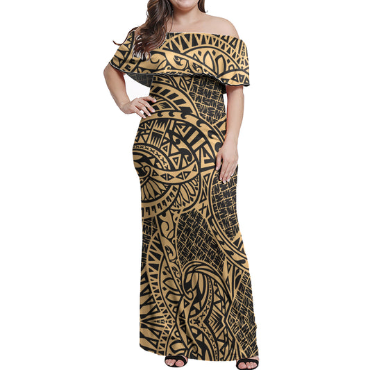 Polynesian Woman Off Shoulder Long Dress - Polynesian Pattern 23
