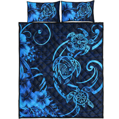 Hawaii Quilt Bed Set Hibiscus Flower And Map On The Back Turtle