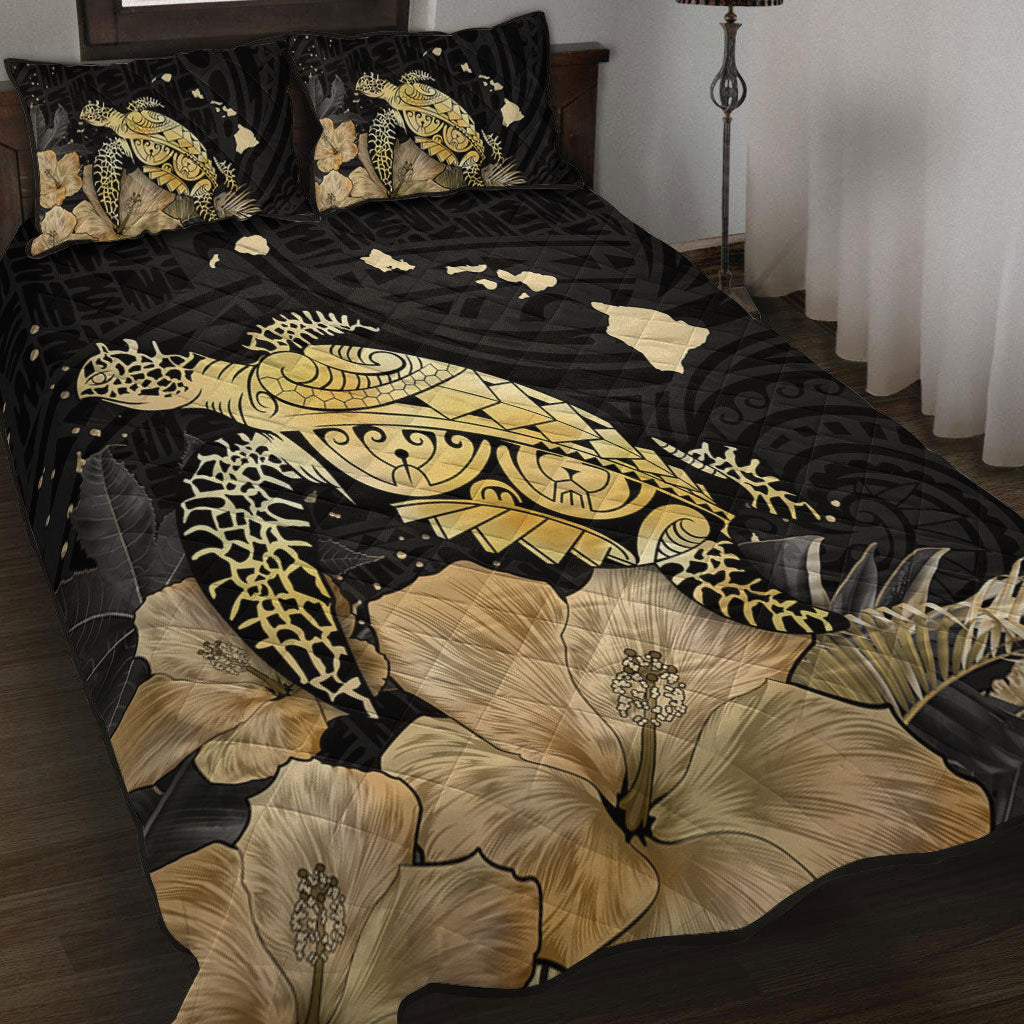 Hawaii Quilt Bed Set Turtle Hibiscus Gold