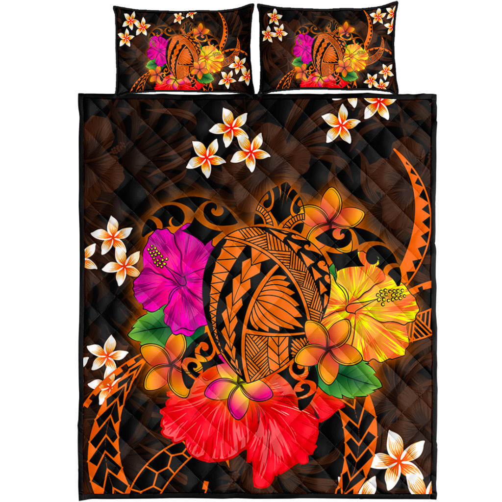 Hawaii Quilt Bed Set Polynesia Tribal Turtle Tropical Flower