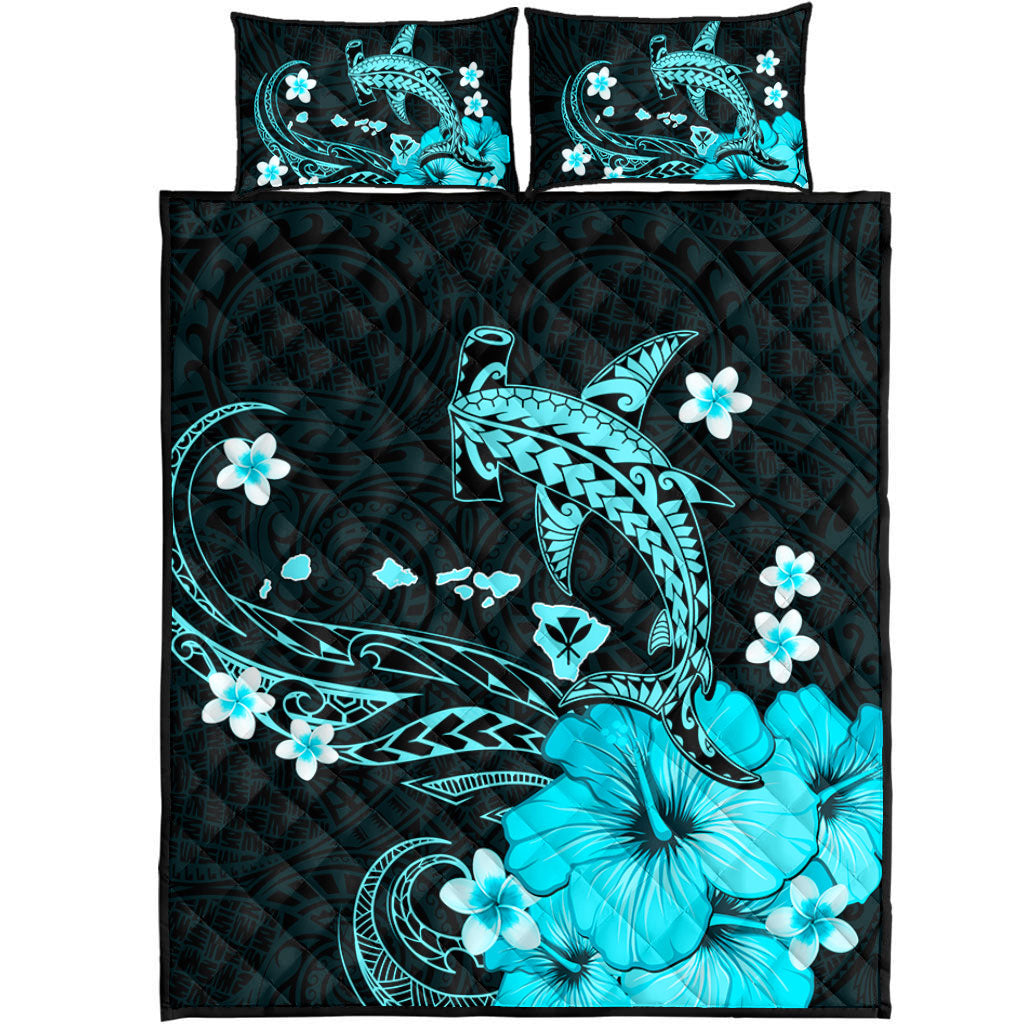 Hawaii Quilt Bed Set Kanaka Map And Shark Tribal Tattoo Turquoise