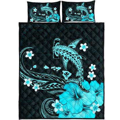 Hawaii Quilt Bed Set Kanaka Map And Shark Tribal Tattoo Turquoise
