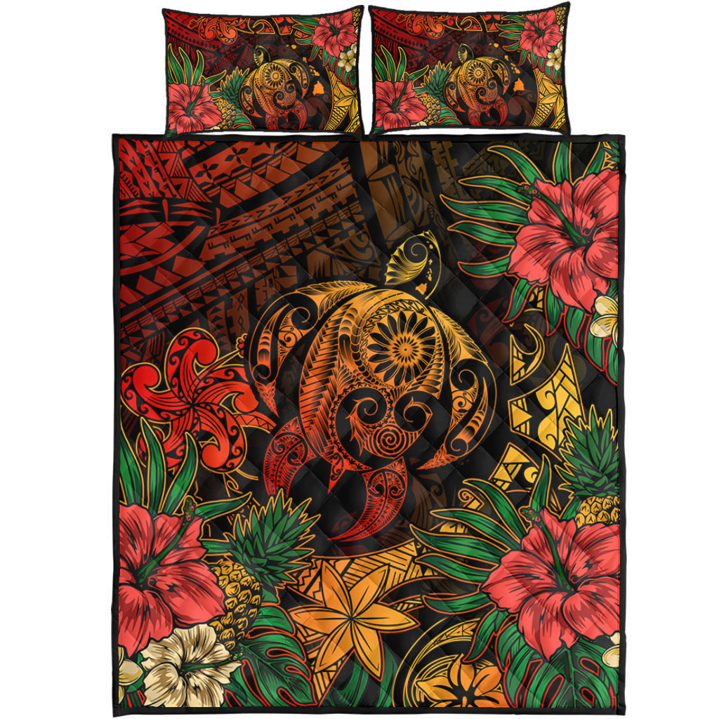 Hawaii Quilt Bed Set Tribal Polynesia Sea Turtle Design Pacific Dream