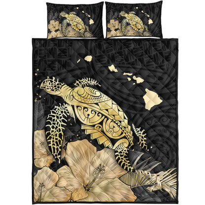 Hawaii Quilt Bed Set Turtle Hibiscus Gold
