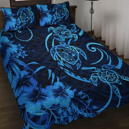 Hawaii Quilt Bed Set Hibiscus Flower And Map On The Back Turtle