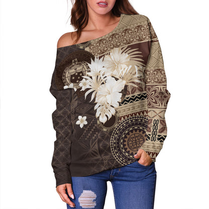 Samoa Off Shoulder Sweatshirt Siapo Motif Print Fabric