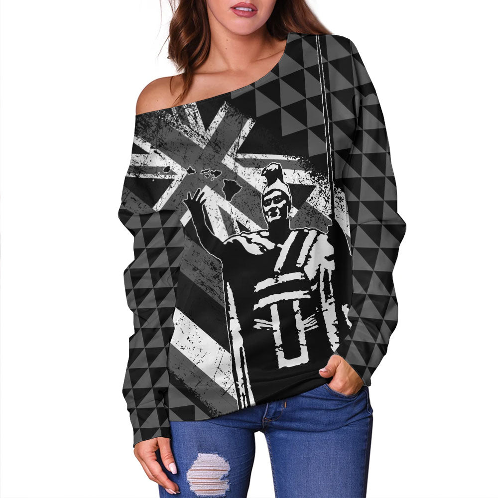 Hawaii Off Shoulder Sweatshirt King Kamehameha Flag Tribal Pride Black White