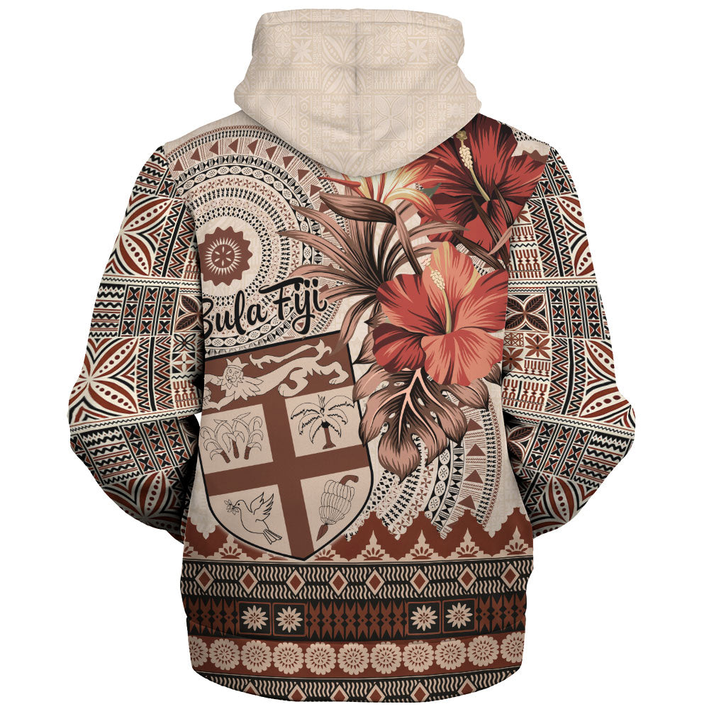Fiji Sherpa Hoodie Bula Tribal Print Beige