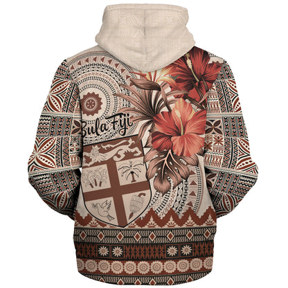 Fiji Sherpa Hoodie Bula Tribal Print Beige
