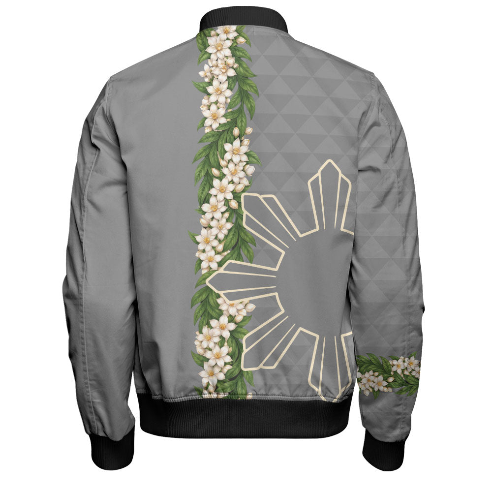 Philippines Filipinos Bomber Jacket Sampaguita Flower Sun Pattern Island Style
