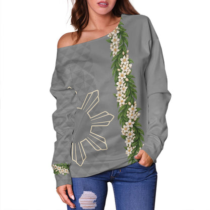 Philippines Filipinos Off Shoulder Sweatshirt Sampaguita Flower Sun Pattern Island Style
