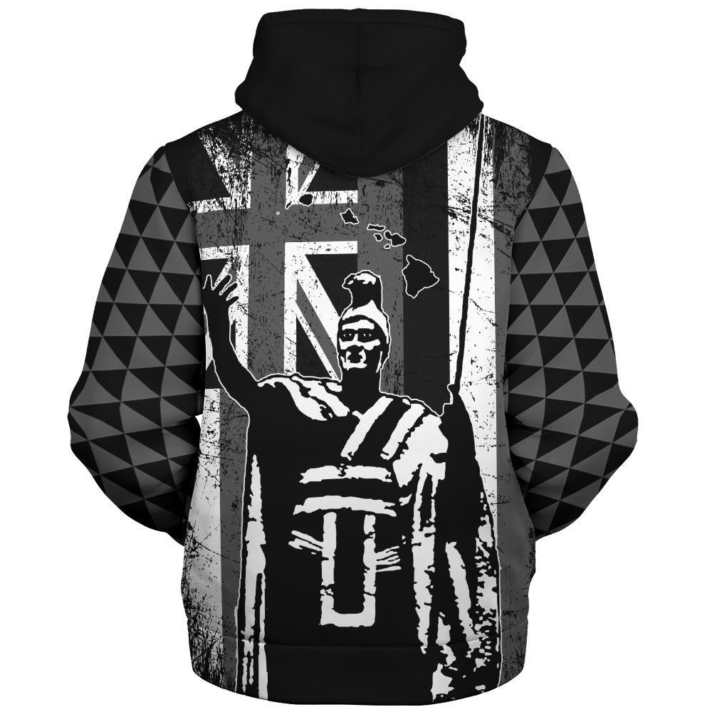 Hawaii Sherpa Hoodie King Kamehameha Flag Tribal Pride Black White