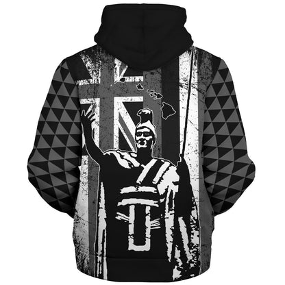 Hawaii Sherpa Hoodie King Kamehameha Flag Tribal Pride Black White