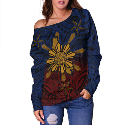Philippines Filipinos Off Shoulder Sweatshirt Golden Sun Islands Tribal Style
