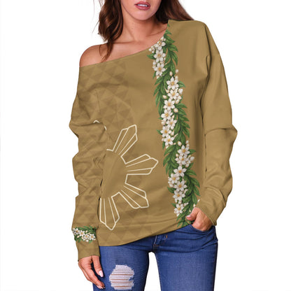 Philippines Filipinos Off Shoulder Sweatshirt Sampaguita Flower Sun Pattern Island Style