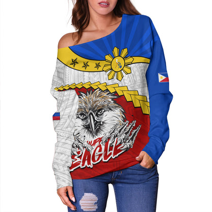 Philippines Filipinos Off Shoulder Sweatshirt Tribal Tattoo Flag Eagle Animal