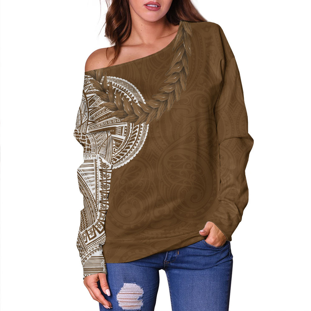 Samoa Off Shoulder Sweatshirt Tattoo Roman Reigns With Ula Fala Style Brown