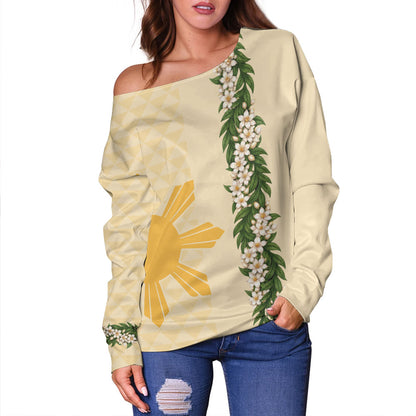 Philippines Filipinos Off Shoulder Sweatshirt Sampaguita Flower Sun Pattern Island Style