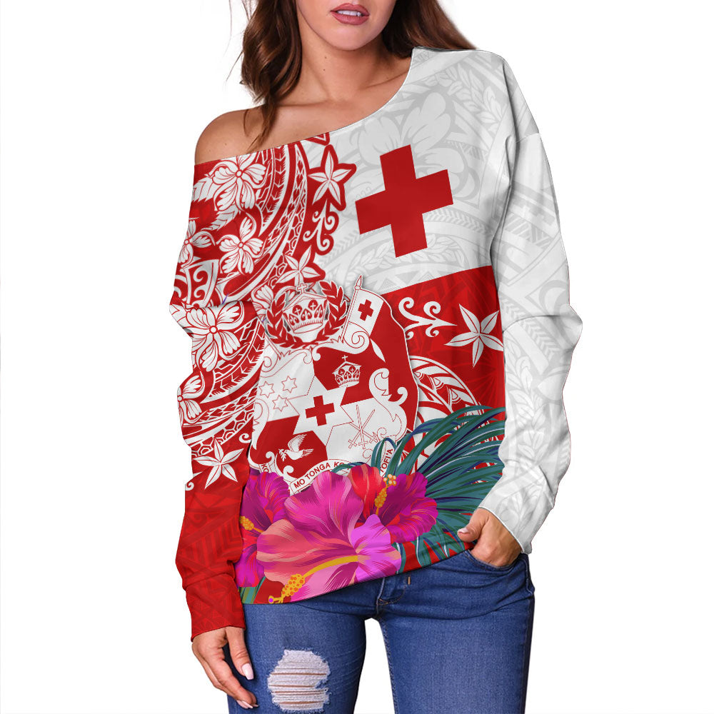 Tonga Off Shoulder Sweatshirt Flag Tribal Tropical Style