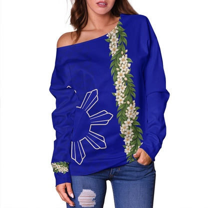 Philippines Filipinos Off Shoulder Sweatshirt Sampaguita Flower Sun Pattern Island Style