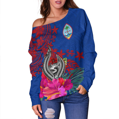 Guam Off Shoulder Sweatshirt Flag Tribal Tropical Style