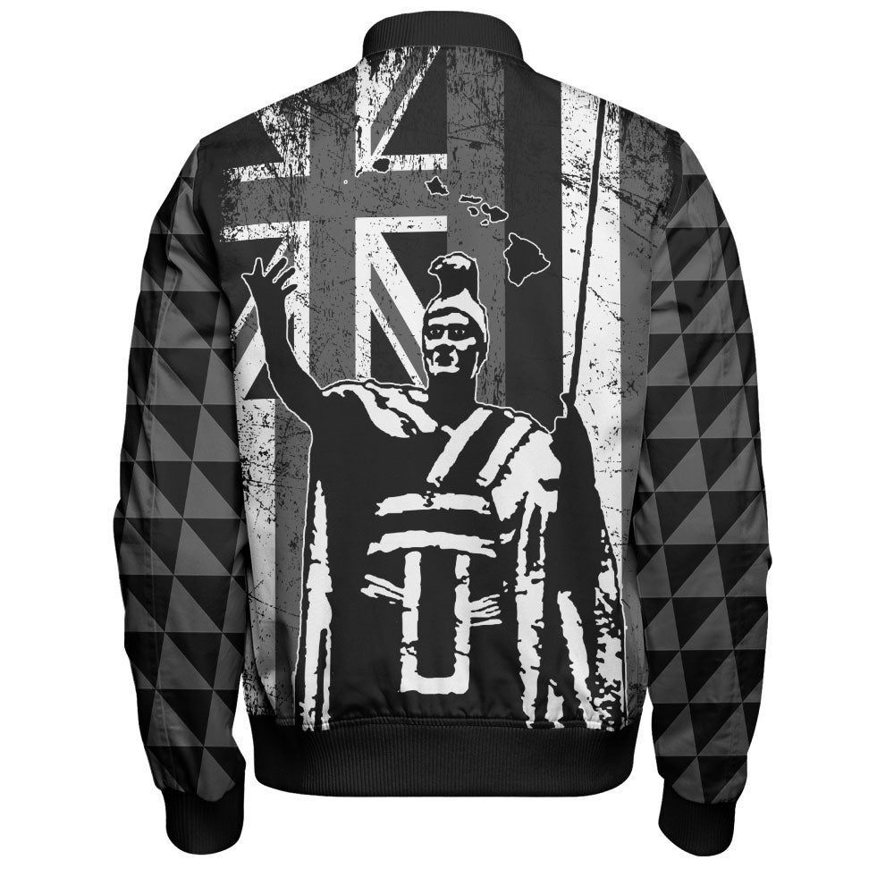 Hawaii Bomber Jacket King Kamehameha Flag Tribal Pride Black White