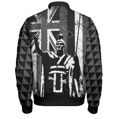 Hawaii Bomber Jacket King Kamehameha Flag Tribal Pride Black White