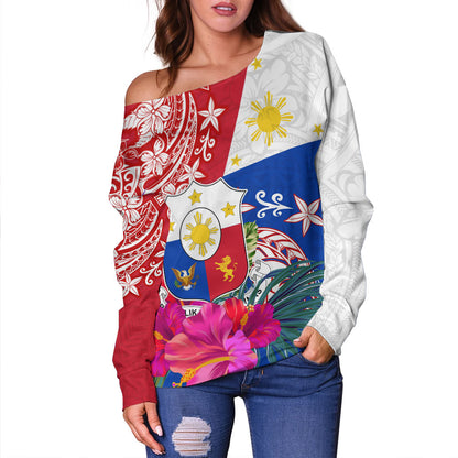 Philippines Filipinos Off Shoulder Sweatshirt Flag Tribal Tropical Style