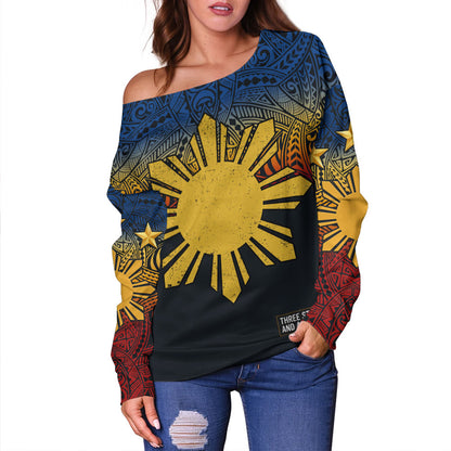 Philippines Filipinos Off Shoulder Sweatshirt Philippine Pride Three Stars and A Sun