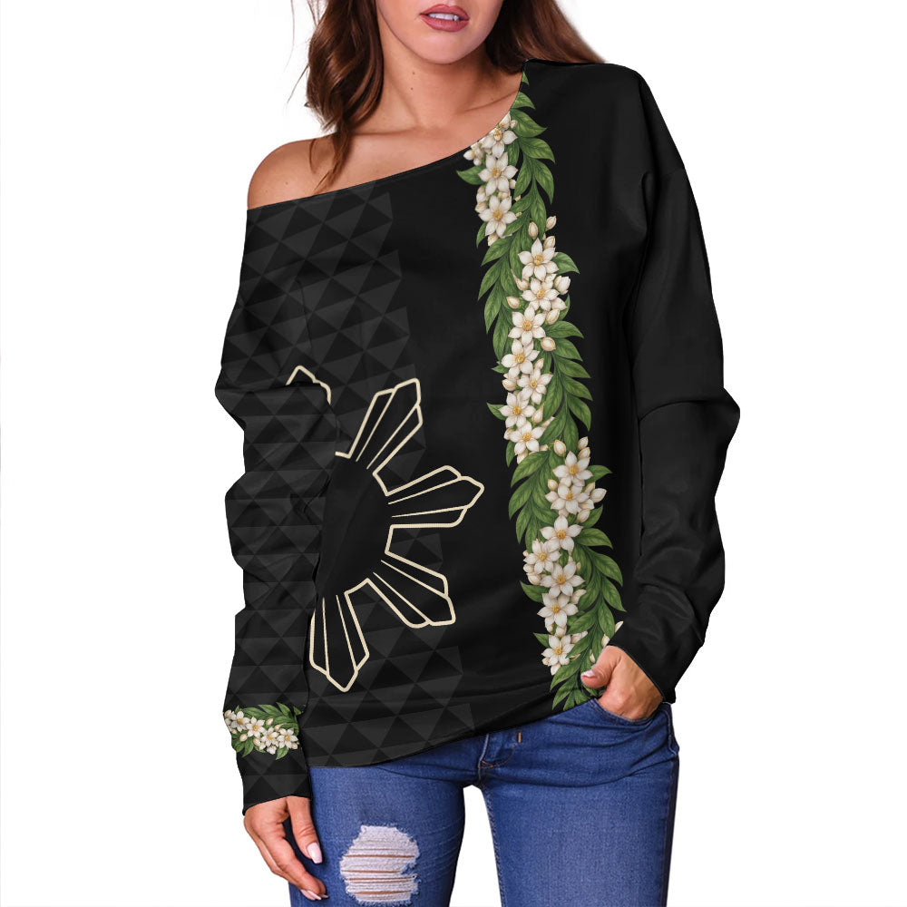 Philippines Filipinos Off Shoulder Sweatshirt Sampaguita Flower Sun Pattern Island Style