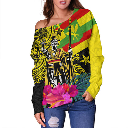 Hawaii Off Shoulder Sweatshirt Kanaka Maoli King Flag Tribal Tropical Style