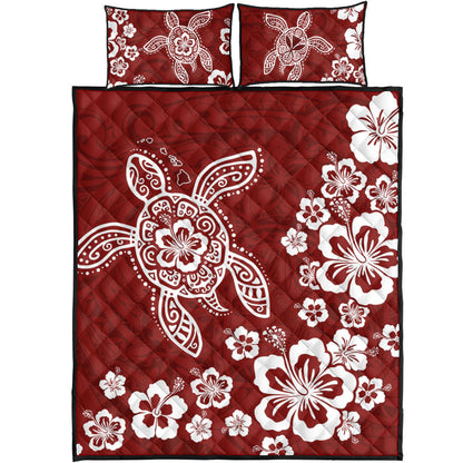 Hawaii Quilt Bed Set Tribal Hibiscus Flower Graphic Turtle Tatoo