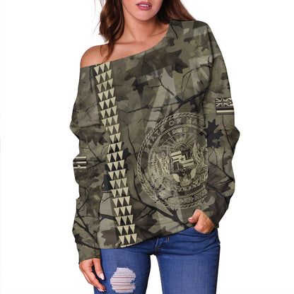 Hawaii Off Shoulder Sweatshirt Tribal Kakau Camouflage Green