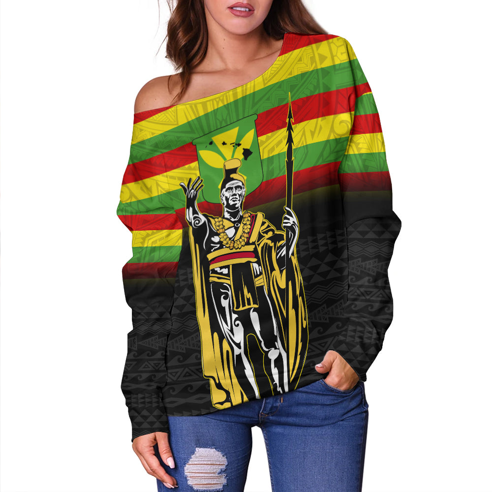Hawaii Off Shoulder Sweatshirt King Kamehameha Flag Kanaka Maoli Tribal Tattoo