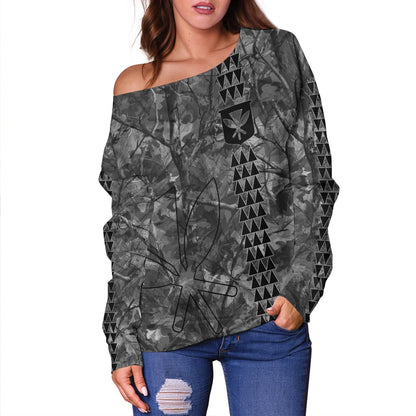 Hawaii Off Shoulder Sweatshirt Woodland Kanaka Camo Style