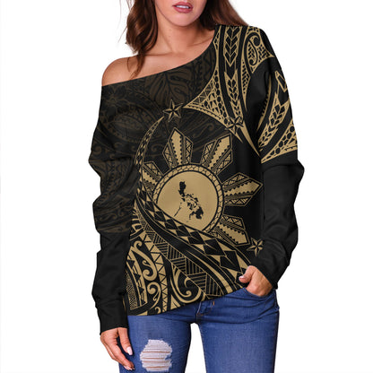 Philippines Filipinos Off Shoulder Sweatshirt Filipino Polynesia Star With Tribal Design