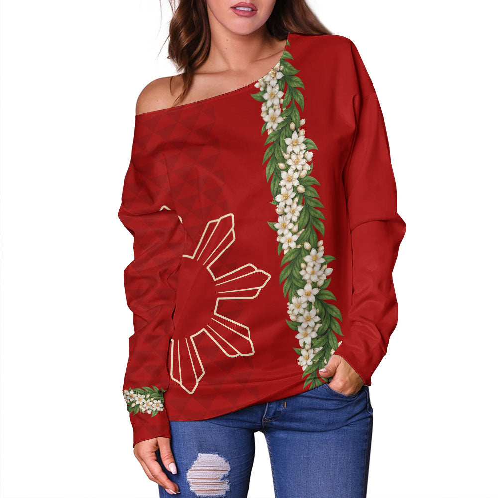 Philippines Filipinos Off Shoulder Sweatshirt Sampaguita Flower Sun Pattern Island Style