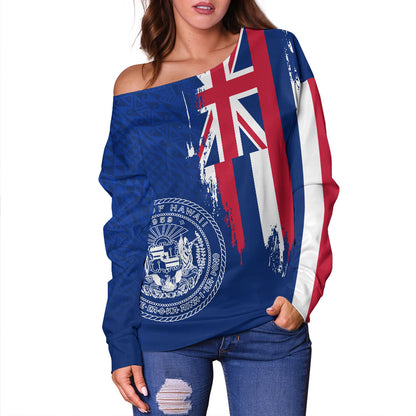Hawaii Off Shoulder Sweatshirt Flag Polynesian Style Ocean Blue