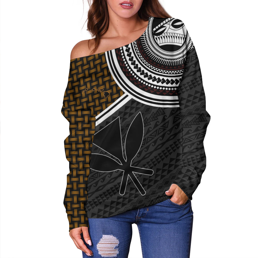 Hawaii Off Shoulder Sweatshirt Kanaka Maoli Lauhala Pattern Tribal Polyneisan Vintage Style