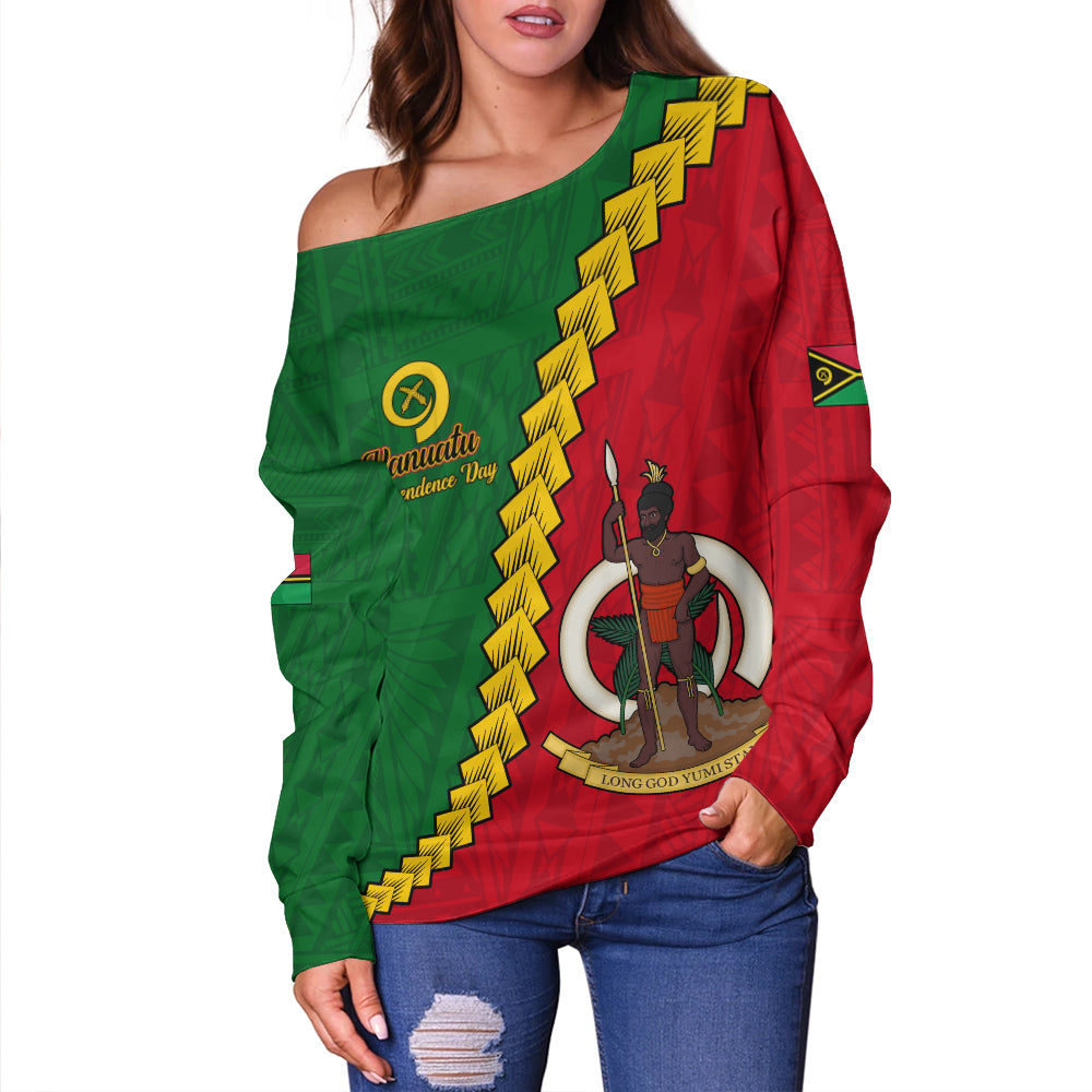Vanuatu Off Shoulder Sweatshirt Tribal Coat Of Arms With Flag Independence Day