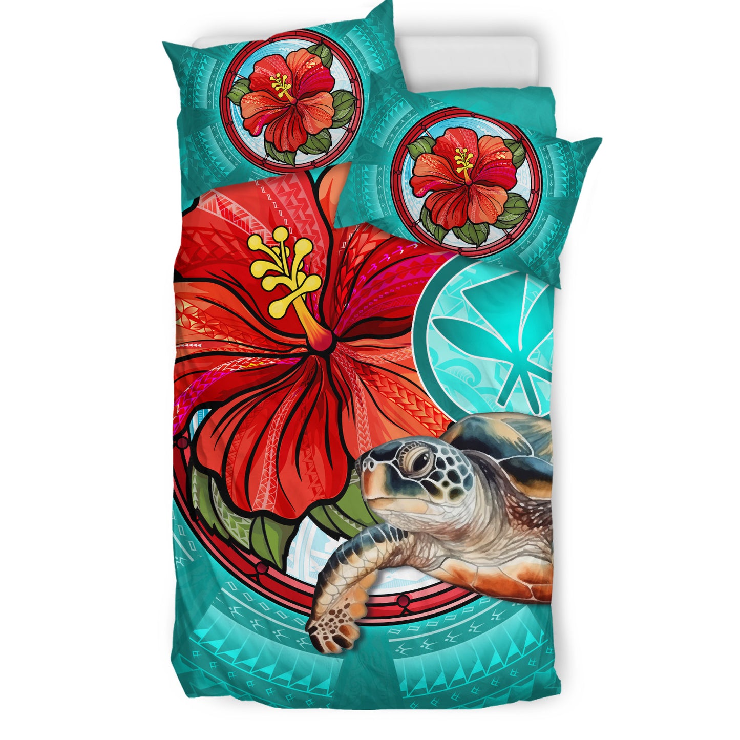 Hawaii Bedding Set Hawaiian Map Turtle Hibiscus Flowers Polynesian Patterns Style