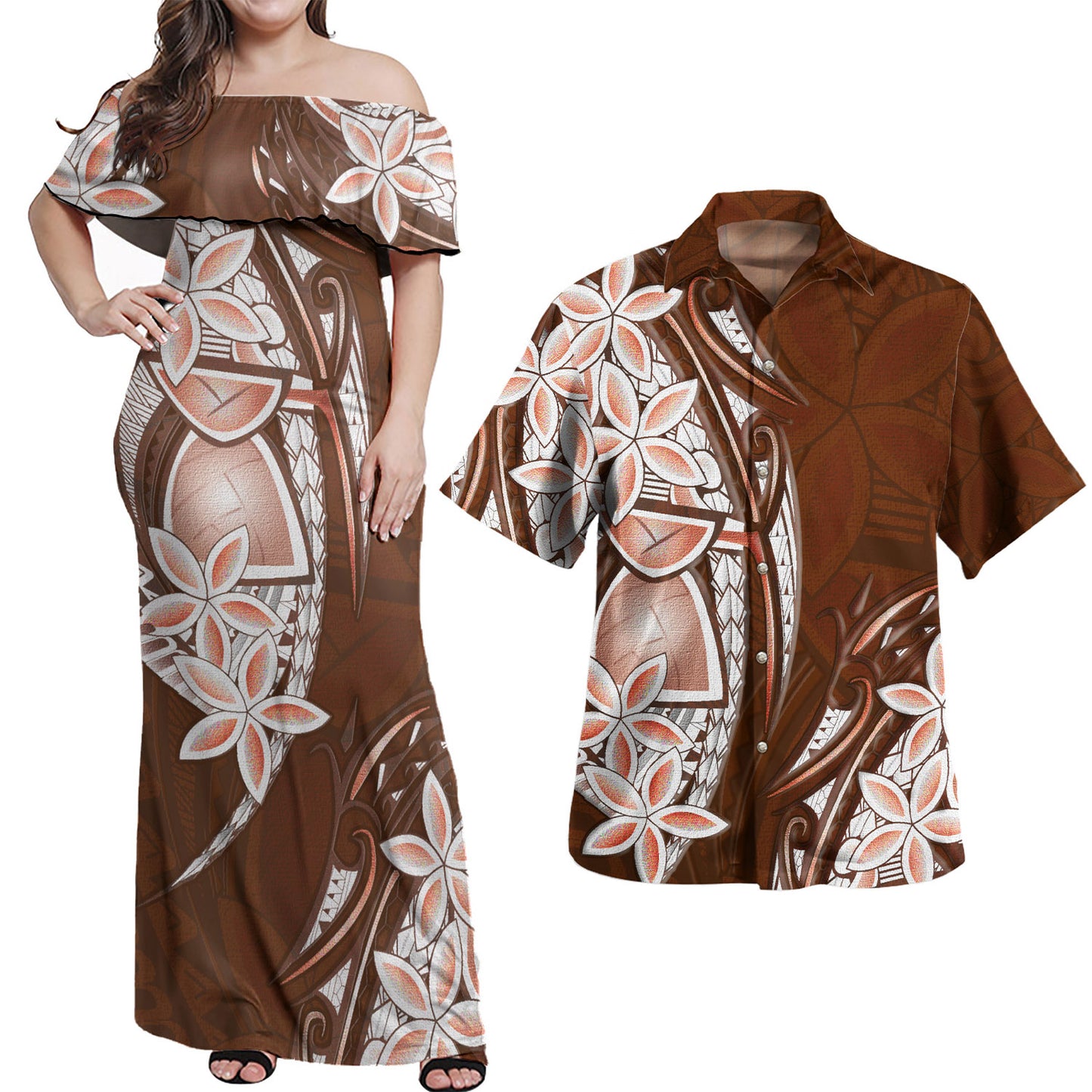Guam Women Off Shoulder Long Dress Latte Stone Plumeria Flowers